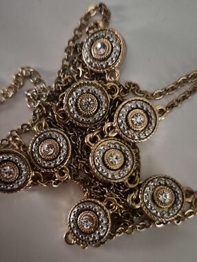 Vintage Gold-Tone Circle Station Crystal Multi Medallion Long Necklace 40"